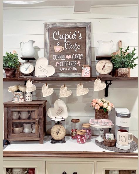 Design Style’s Instagram post: “💕Cupid’s Cafe💕 . Happy Sunday! My Valentines Bar is open💗 Now serving Coffee, Candy & Cupcakes! As you can see the candy is not lasting…” Farmhouse Antique Decor, Country Pie, Fill Up Your Cup, Antique Pie Safe, Primitive Valentine Decor, Thrift Decor, Farmhouse Valentine Decor, Candy Cupcakes, Coffee Candy