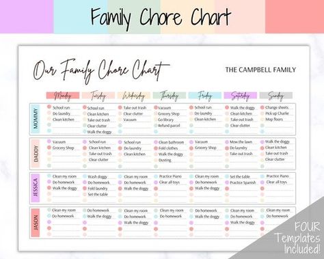 Colorful Family Chore Chart, Editable Family Weekly Family Schedule, Chore Calendar, Chore Schedule, Family Chore Chart, Weekly Chore Charts, Chore Chart Template, Family Chore Charts, Wifi Password Sign, Executive Resume Template