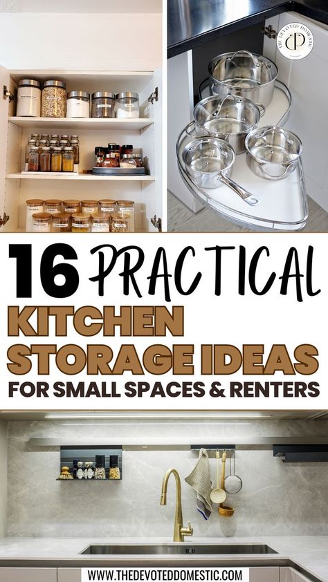 OMG, these are the BEST kitchen storage ideas I've ever learned!! Not only are these 16 kitchen storage solutions small-space friendly, BUT they're also RENTER-friendly. Oh, and they're super practical and affordable as well! They basically doubled the space in my small rental kitchen!! Rental Apartment Kitchen, Small Rental Kitchen, Apartment Kitchen Storage, Apartment Kitchen Storage Ideas, Best Kitchen Storage, Apartment Kitchen Organization, Small Apartment Organization, Tiny Kitchens, Kitchen Storage Ideas