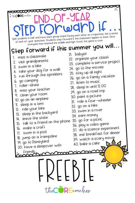 Take A Step Forward If Game, Last Day School Activities, Fun Last Week Of School Activities, Third Grade Summer School Activities, End Of The Year Games Middle School, End Of The Year Free Printables, End Of Year Games For 2nd Grade, End Of 3rd Grade Activities, Last Week Of School Activities 4th Grade