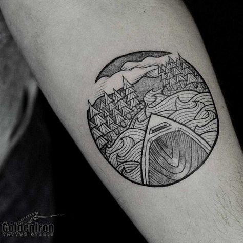 Canoe and landscape tattoo on the left forearm by Jon J Mo Canoe Tattoo Ideas, Canoe Paddle Tattoo, Canoeing Tattoo, Fishing Tattoos For Women, Canoe Tattoo, Kayak Tattoo, Paddle Tattoo, Cabin Tattoo, Wilderness Tattoo