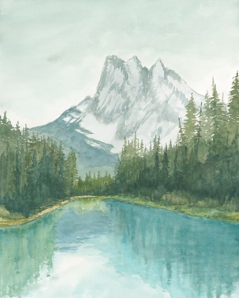 "- FREE SHIPPING within the United States and Canada - Printed In-House and ships from Calgary, Alberta - Ships in 1-3 Business Days - Printed on Thick, Cotton Watercolor Paper - Available in 5x7\" - 24x30\" - Museum Quality Gliceé - Printed with 12 Archival Printed Inks Emerald Lake is like stepping into a different world. There is a real sense of peace and calm and pure magic. The scent of warm forest air and campfires. The shock of feeling alive as you plunge into ice cold, glacier water. Mem Watercolor Art Forest, Watercolor Lake Scene, Forest Painting Watercolor, Lake Drawing, Forest Watercolor Painting, Mia Sheridan, Lake Watercolor, Ukulele Art, Landscape Painting Watercolor