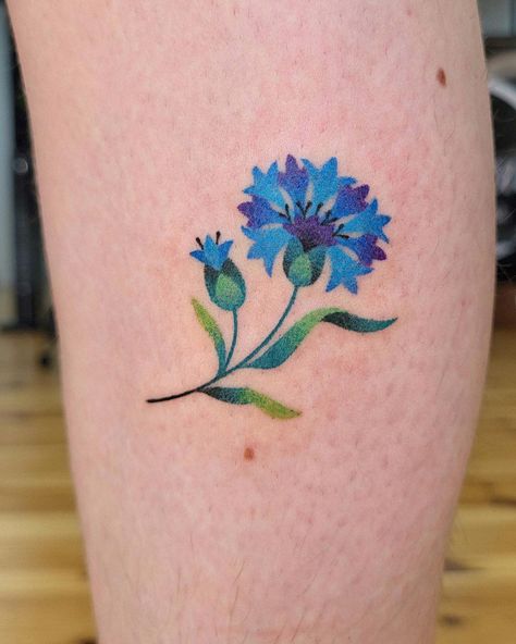 Cornflower for Jonas, who had the cooles idea - to create floral bracelet, done by multiple tattoo artists! I was honoured to start this… | Instagram German Cornflower Tattoo, Cornflower Tattoo, Violet Tattoo, Tattoo 2024, Floral Bracelet, Daily Drawing, Tattoo Inspo, Flower Tattoos, My Favourite