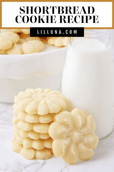 Just 5 common ingredients to create this classic pressed shortbread cookie recipe - a buttery melt-in-your-mouth treat! #shortbreadcookies #shortbread #cookies #dessert #5ingredients Pressed Cookies, Spritz Cookie Press, Best Shortbread Cookie Recipe, Pinwheel Cookies Recipe, Best Shortbread, Spritz Cookie, Best Shortbread Cookies, Amazing Snacks, Shortbread Cookies Recipe