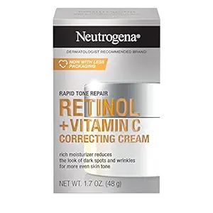 Clinically proven correcting cream to help reduce the look of even stubborn dark spots and diminish the look of discoloration while smoothing the look of fine lines and fading the look of deep wrinkles. Daily correcting cream is formulated with Vitamin C to help diffuse the look of dark spots and discoloration while evening skin tone. Hyaluronic acid adds plumping moisture to help hydrate and rejuvenate the look of skin. Neutrogena Retinol, Retinol Vitamin C, Vitamin C Cream, Retinol Cream, Moisturizing Face Cream, Brightening Cream, Neck Cream, Deep Wrinkles, Dermatologist Recommended