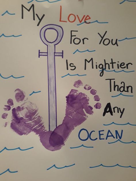 Ocean Fathers Day Craft, Dolphin Footprint Craft, Pirate Crafts For Infants, Infant Pirate Crafts, Ocean Infant Crafts, Ocean Activities For Babies, Family Crafts For Infants, Beach Footprint Art, Ocean Art For Infants