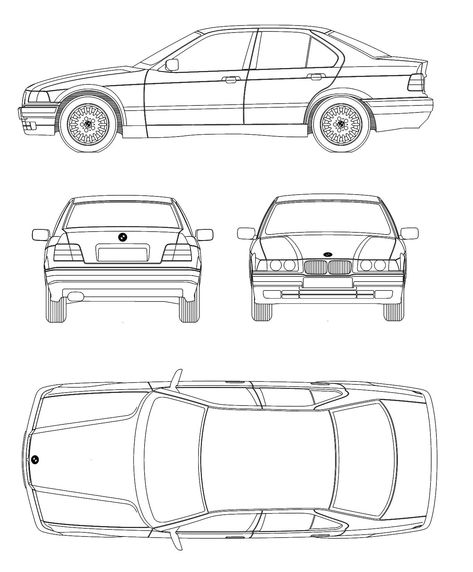 BMW 3 Series E36 Blueprint - Download free blueprint for 3D modeling E36 Tattoo, E36 Livery, Bmw Blueprint, Cars Blueprints, Draw Panda, Bmw E36 Touring, Bmw E36 316i, Bmw E36 Compact, E36 Touring