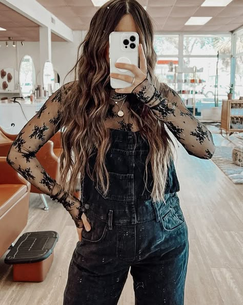 Edgy Southern Fashion, All Black Nashville Outfit Summer, Black Lace Layering Top Outfit, Layering Top Outfit, Mesh Undershirt Outfit Western, Western Boho Fall Outfits, Layered Lace Outfits, Lace Top Layering, Free People Lady Lux Layering Top Outfit