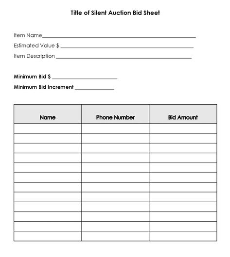 Free Bid Sheet Templates (Silent Auction) - Word, Excel, PDF Bid Sheets For Silent Auction, Silent Auction Bidding Sheets, How To Do A Silent Auction, Free Silent Auction Bid Sheets Template, Silent Auction Forms Free, Silent Auction Sign Up Sheet, Silent Auction Sheets Template, Silent Auction Bid Sheets Printable Free, Daycare Menu Ideas