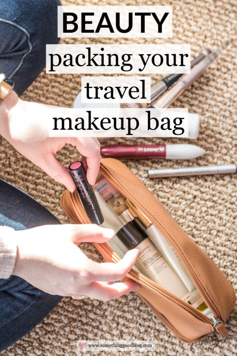 Vacation Makeup Bag, Make Up Bag Essentials, Bag Essentials List, Travel Makeup Bag Essentials, Simple Makeup Bag, Makeup To Look Younger, Bag Hacks, Affordable Makeup Products, Beauty Quotes Inspirational