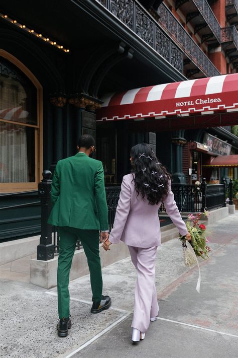 Hotel Chelsea Elopement | NYC Elopement Ideas | 100 Layer Cake Nyc Elopement Ideas, Green And Lavender Wedding, Elopement Ideas Courthouse, Elopement Nyc, Hotel Chelsea, Lavender Color Palette, Green And Lavender, Chelsea Wedding, Nyc Wedding Photography