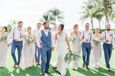 Bridesmaids in Light Gray Dresses | Groomsmen in Blue Pants with Leather Suspenders | Fall Oceanfront Marco Island Wedding | Florida Weddings | Caitlin Page Photography | Modern Boho Fall Wedding at JW Marriott Marco Island Wedding Venue. Get more inspiration from this light green, blue & gray oceanfront ceremony & reception. #floridaweddings #weddingphotography#marcoislandwedding Beach Wedding Suspenders Groomsmen, Men’s Wedding Looks Casual, Groomsmen Blue Pants, Beach Wedding Guys Attire, Beach Wedding Blue Suit, Coastal Groomsmen Attire, Dusty Blue Groomsmen Attire Suspenders, Groomsman Beach Wedding Attire, Slate Blue Groomsmen Attire