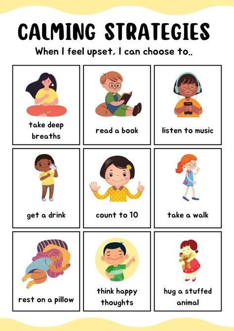 Yellow Colorful Illustrative Calming Strategies Social Emotional Learning Poster - Templates by Canva Health Printables, Emotions Preschool, Emotional Activities, Emotions Posters, Calm Corner, Emotions Activities, Emotion Chart, Emotional Learning Activities, Social Emotional Activities