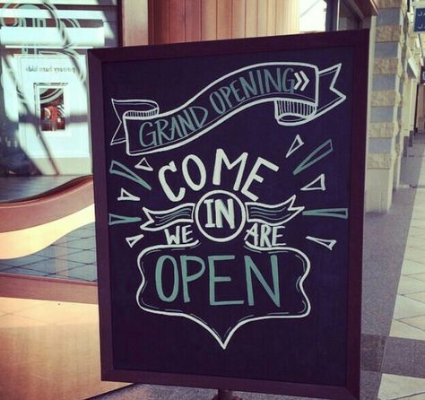 Personalized Grand Opening Sign! chalkaboutchelsea@gmail.com Chalkboard Open Sign, Grand Opening Sign Ideas, Grand Opening Chalkboard Sign, Grand Opening Sign, Chalk Art Coffee, Vintage Store Ideas, Chalk Signs, Pink Branding, Interior Design Branding