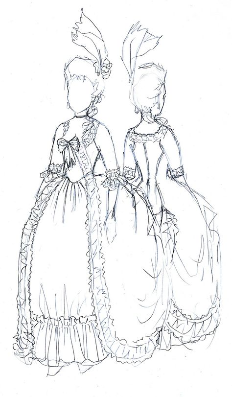 Rococo Atelier: Proper robe à la polonaise: Inspiration and some research Rococo Dress Pattern, Victorian Dress Drawing, 1700 Fashion, Costume Design Sketch, Rococo Dress, Rococo Fashion, 18th Century Fashion, Dress Sketches, Dress Drawing