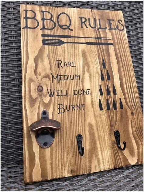 Diy Wooden Projects Funny Bbq Signs, Bbq Signs Ideas, Bbq Signs Wooden, Campground Signs, Diy Bottle Opener, Bottle Opener Sign, Fathers Day Ideas, Utensil Hanger, Bbq Signs