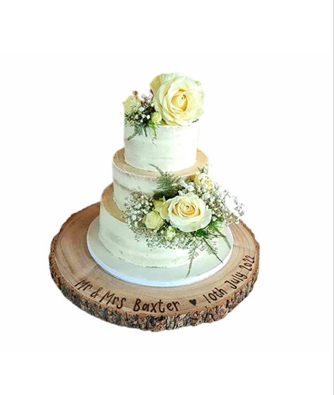 These stunning rustic wooden log slice cake stands are available in 3 sizes and are a wonderful way of displaying your celebration cake. The wording is burned into the wood by hand around the bottom of the log, leaving room for your special cake. A heart will be added between the names and date unless otherwise requested. The freehand engraving makes the font and product unique to us at Pretty and Personalised and is not available elsewhere - making it even more perfect for your special occasio Rustic Log Cake Stand, Log Slice Cake Stand, Rustic Cake Stand Wood, Personalized Cake Stand, Wood Burned Gifts, Amazon Wedding, Baby Shower Christmas, Wooden Cake Stands, Wood Cake Stand