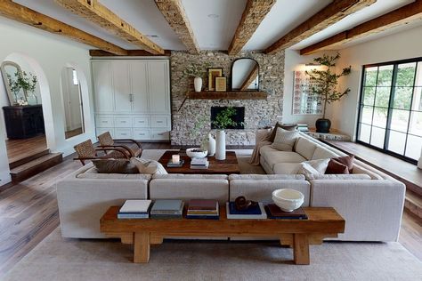 Tuscan Style Architecture, Fixer Upper Welcome Home, Hand Hewn Beams, Stone Accent Walls, Living Room Mantel, Built In Cabinet, Living Room Update, Room Update, Magnolia Homes