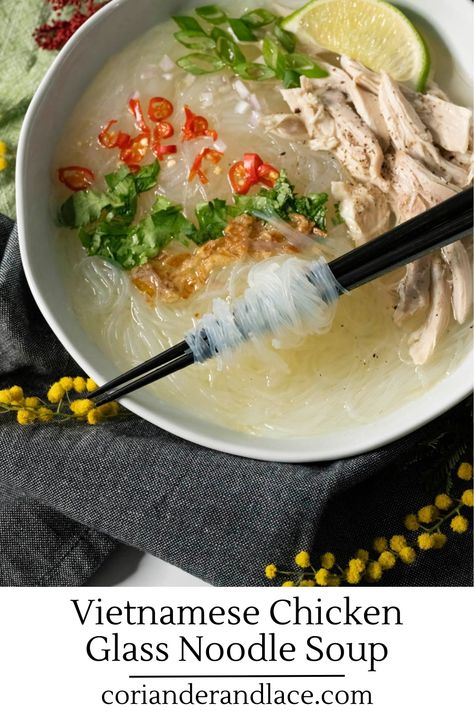 Chopsticks lifting noodles out of a bowl of Vietnamese chicken glass noodle soup. Clear Noodle Soup, Glass Noodle Recipes, Glass Noodle Soup, Thai Chicken Noodle Soup, Ginger Chicken Soup, Asian Chicken Noodle Soup, Glass Noodles Recipe, Thai Chicken Noodles, Korean Glass Noodles