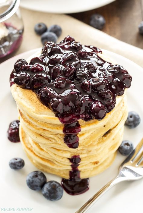 Blueberry Vanilla Protein Pancakes | Protein powder transforms these pancakes into a delicious protein packed breakfast! @EASBrand #ad Blueberry Pancake Topping, Sauce For Pancakes, Fluffy Lemon Ricotta Pancakes, Vanilla Protein Pancakes, Recipe For Pancakes, Blueberry Sauce Recipe, Berry Baked Oatmeal, Lemon Blueberry Pancakes, Lemon Pancakes