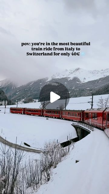 AMALIA ROMAN on Instagram: "pov: you’re in the most beautiful train ride from Italy to Switzerland for only 40€ ❄️

The Bernina Express, often called the Red Train, is one of the most scenic train journeys in the world, running from Tirano, Italy, to St. Moritz, Switzerland.

SAVE THIS POST 🫶🏽🩵

🌟 The Bernina Express, often called the Red Train, is one of the most scenic train journeys in the world, running from Tirano, Italy, to St. Moritz, Switzerland
🌟 The train passes through some of the most breathtaking landscapes in Europe, including Landwasser Viaduct, Lago Bianco, Bristol Spiral Viaduct and Morteratsch Glacier 
🌟 Best time to visit is between November - February for snowy views 
🌟 One way ticket is 40€ 
🌟 You must book in advance 
🌟 The train starts in Tirano, Italy, and Tirano Italy, Landwasser Viaduct, St Moritz Switzerland, Bernina Express, One Way Ticket, St Moritz, Train Ride, Train Journey, Breathtaking Landscapes