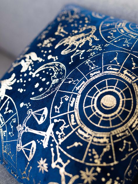 "This indigo celestial pillow case is a luxurious addition to any living room. Made from high-quality super soft plush fabric, it features a beautiful metallic celestial pattern with stars, moons, and other celestial motifs scattered across the fabric. Hidden zipper is sewn and interfacing is applied  so it can last for many years to come. With its unique design and high-quality construction, this pillow case is the perfect way to add a touch of celestial elegance to your home decor collection. Ravenclaw Themed Room, Celestial Pillows, Starry Decor, Celestial Academia, Blue And Gold Room, Celestial Bedroom Aesthetic, Celestial Room Aesthetic, Celestial Pillow, Astrology Room Decor