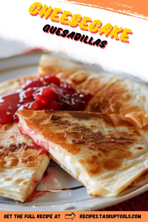 Dive into the unique fusion of flavors with our Cheesecake Quesadillas! With the heavenly combination of creamy cheesecake filling wrapped in crispy tortillas, drizzled with a touch of sweet sauce, it's the perfect indulgence for dessert lovers. Discover this easy-to-make recipe and add a twist to your usual dessert ideas. Save and give it a try soon! Blueberry Cream Cheese Quesadilla, Dessert Wraps Recipes, Tortilla Cheesecake, Sweet Tortilla Recipes, Tortilla Dessert Recipes, Fruit Quesadilla, Dessert Quesadilla Recipes, Dessert Quesadilla, Tortilla Dessert