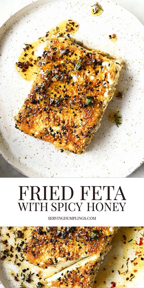 Fried Feta Nourish Bowl, Fried Feta With Honey And Sesame Seeds, Keto Feta Cheese Recipes, Spicy Honey Recipe, Fried Feta With Honey, Sesame Feta, Fried Feta Cheese, Unique Food Recipes, Appertiser Ideas