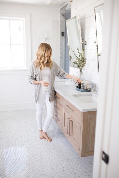 Our Primary Bathroom - Pure Joy Home Mcgee And Co Bathroom, Pure Joy Home, Grey And White Bathroom, Blue Subway Tile, Neutral Flooring, Bathroom Big, Subway Tiles Bathroom, White Bathroom Tiles, Neutral Bathroom