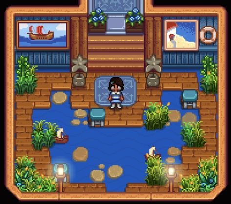 Stardew Decoration House, Stardew Valley Fish Tank Room, Stardew Valley Beach Decoration, Stardew Valley Beach House Interior, Stardew Aquarium Room, Stardew Valley House Interior Blue, Stardew Valley Southern Room, Stardew Valley House Interior Design No Mods, Stardew Valley Aquarium Room