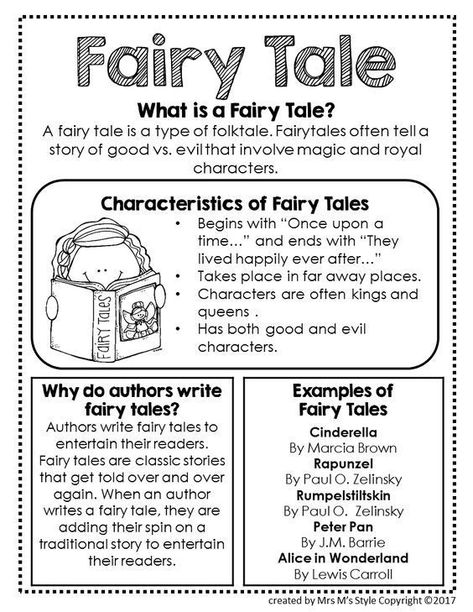 Fairy tale definition, characteristics of fairy tales, author purpose for writing fairy tales, and examples of fairy tales. love this as an anchor chart template or as an interactive notebook page Genre Anchor Chart, Genre Anchor Charts, Fairy Tale Writing, Reading Genres, Reading Anchor Charts, Writers Workshop, 4th Grade Reading, 3rd Grade Reading, Library Lessons