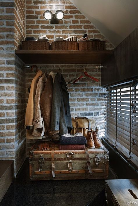 INDUSTRIAL DECOR: ATTIC STORAGE IDEAS_see more inspiring articles at… Small Attic Apartment, Small Attic, Loft Stil, Loft Industrial, A Brick Wall, Attic Apartment, Vintage Industrial Decor, Vintage Industrial Furniture, Attic Renovation