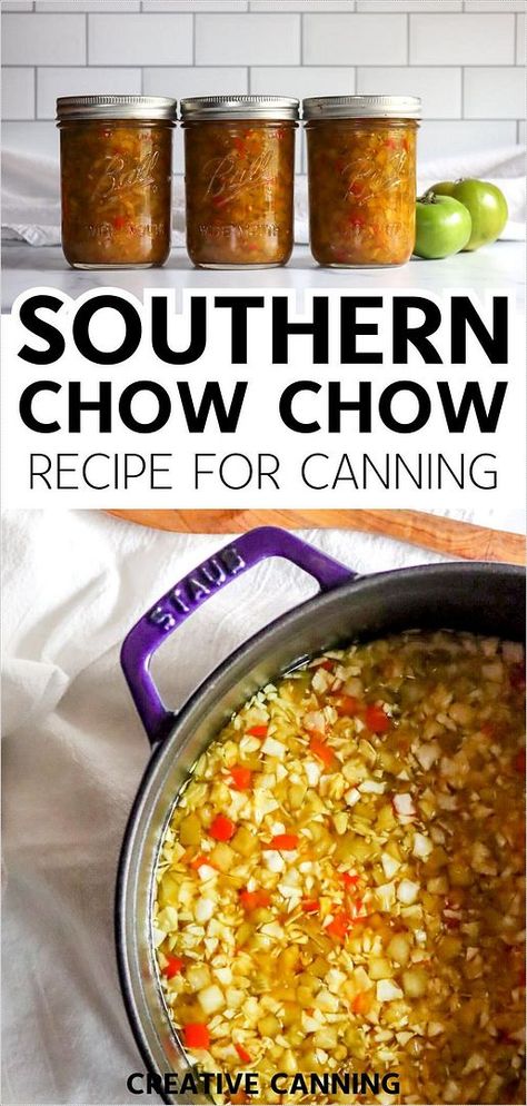 Try this authentic southern chow chow recipe for canning made with green tomatoes, cabbage, and a mix of sweet and tangy spices. A beloved Southern condiment, this relish adds a burst of flavor to anything from hot dogs to barbecue. Perfect for preserving and enjoying throughout the year. Find more easy relish recipes, chow chow recipes, southern canning recipes, and Creative Canning Recipes at creativecanning.com. Southern Chow Chow Recipe, Southern Chow Chow, Canning Fruit Recipes, Canning Green Tomatoes, Chow Chow Relish, Chow Chow Recipe, Green Tomato Relish, Canning Tomatoes Recipes, Canning Jam Recipes