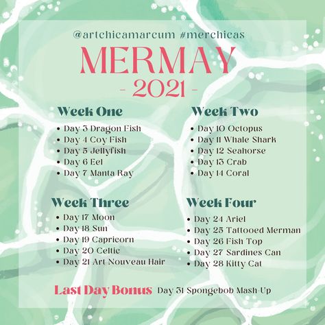 Mermay Prompt List, Mermay Prompt 2023, Mermay Prompt, Drawing List, Inktober Prompts, Asthetic Stationery, Draw Challenge, Fun Prompts, Sketchbook Prompts