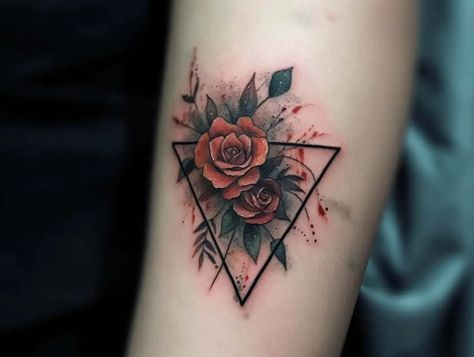 Geometric Rose Tattoo Men, Rose With Triangle Tattoo, Rose And Triangle Tattoo, Triangle Rose Tattoo, Triangle Flower Tattoo, Psychic Tattoo, Triangle Tatoo, Rose Tattoo Color, Triangle Tattoo Meaning