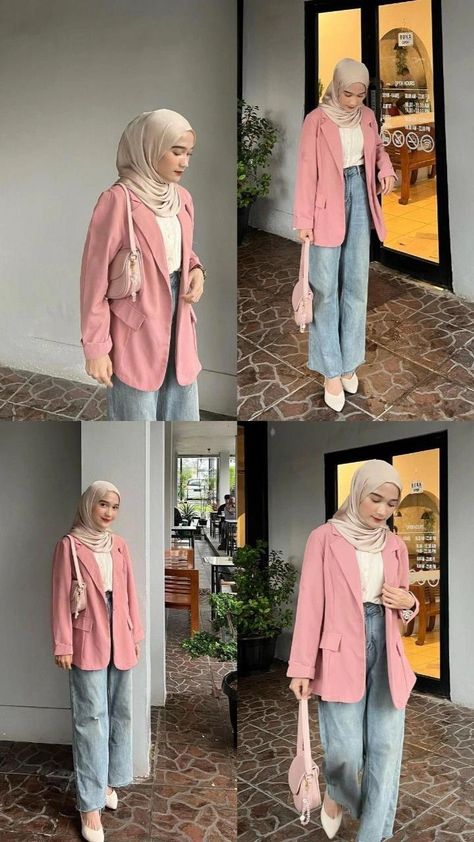 Ootd Blazer Hijab Casual, Mix And Match Pink Outfit Hijab, Outfit Pink Hijab Casual, Ootd Blazer Hijab, Hijab Work Outfit, Blazer Outfits Hijab, Pink Outfit Hijab, Pink Hijab Outfit, Blazer Ootd