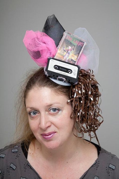 Cindy Lauper Tape Casette fascinator, bespoke music hat, retro 80s fancy dress, burlesque headdress, Music Costume Ideas, Burlesque Headdress, Music Costume, 80s Hats, Cindy Lauper, Space Hat, 80s Fancy Dress, Pink Lights, Unusual Hats