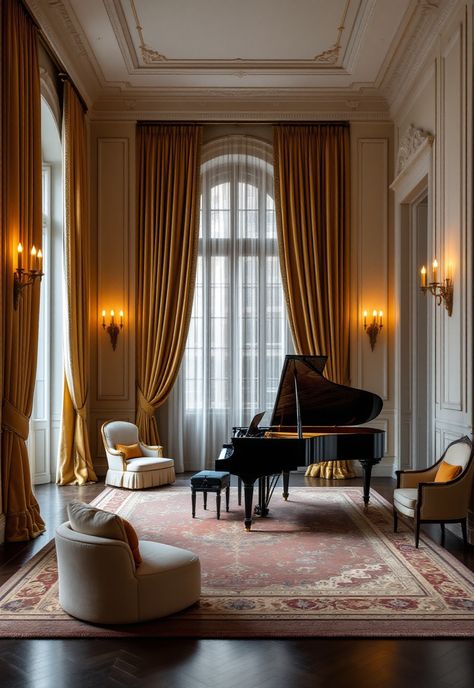 Old Money Living Room Grand Piano Interior Design, Old Money Interior Design Living Room, Grand Piano Decorating Ideas, Musician Living Room, Old Money Homes, Old Money Living Room, Piano Room Design, Grand Piano Room, Piano Decor