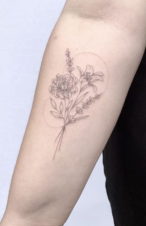 Rose And Dandelion Tattoo, Deltoid Tattoo, Kids Name Tattoo, Month Tattoos, Wild Flower Tattoo, Half Sleeve Rose Tattoo, Aster Tattoo, Flower Birth Month, Underboob Tattoo Designs