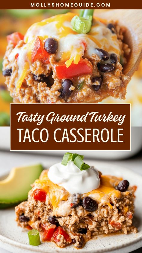 Looking for a delicious and easy dinner idea? Try this flavorful ground turkey taco casserole recipe tonight! Packed with tasty ingredients like seasoned ground turkey, beans, corn, and cheese, this casserole is sure to become a family favorite. It's simple to prepare and perfect for busy weeknights. Add some crushed tortilla chips on top for a satisfying crunch. This hearty dish is great for feeding a crowd or meal prepping ahead of time. Dinner Made With Ground Turkey, Ground Turkey Recipes For Dinner Mexican, Recipes For Ground Turkey Dinners, Quick And Easy Dinner Recipes Ground Turkey, Ground Turkey Veggie Recipes, Ground Turkey Recipes Taco, Taco Seasoned Ground Turkey Recipes, Tasty Ground Turkey Recipes, Dinner Recipe With Ground Turkey