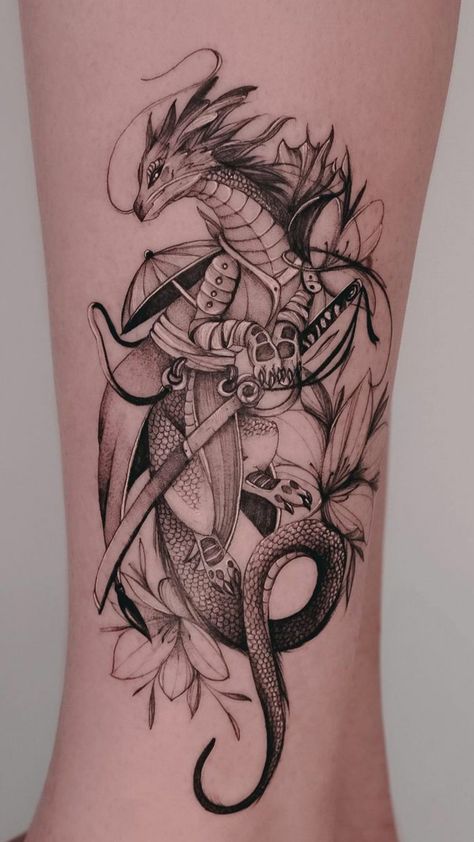 Dragon Mountain Tattoo, Dragon Tattoo For Women Shoulder, Dragon Tattoo Female, Earth Dragon Tattoo, Mythical Tattoos For Women, Floral Dragon Tattoo, Cool Thigh Tattoos, Dragon Tattoo Upper Arm, Unique Dragon Tattoo