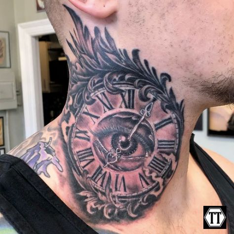 Awesome Clock Neck Tattoo 🕰️👁️  Follow: @littlejimtattoo on Instagram 📸 . . . . . . . #clocktattoo #clock #eyetattoo #necktattoo #tymeless #tymelesstattoo #tattoo #tattoos #tattooed #ink #inked #black #coloredtattoos #laserremoval #syracuse #bville #baldwinsville #upstateny #cny #oswego #newyork #removal #laser #coverup⁠ Clock Neck Tattoo, Tatto Clock, Tattoo Clock, Laser Removal, Clock Tattoo, Red Tattoos, Eye Tattoo, Neck Piece, Art Ink