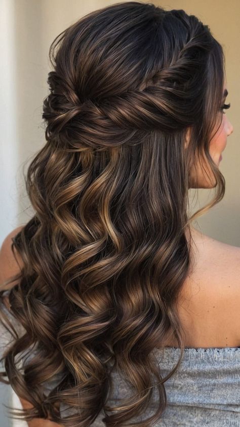 Hairstyles For Medium Length Hair For A Wedding, Hairstyles Prom Half Up, Hair Styles Ideas For Wedding, Prom Half Updos For Long Hair, Formal Hairstyles Long Hair Down, Half Up Half Down Curly Bridal Hair, Prom Hair Ideas Black Hair, Long Wedding Hairstyles Half Up, Wedding Hairstyles Half Up Half Down Black Hair