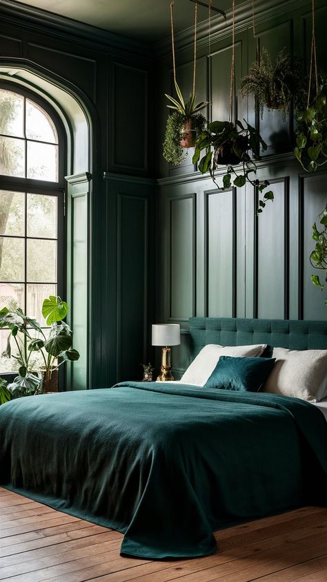 This bedroom transcends mere design, becoming a poetic sanctuary of deep green and natural harmony. The dark paneled walls create an intimate, cocoon-like atmosphere, while suspended plants introduce a living, breathing quality that softens the space’s sophistication. Natural light filtering through the arched window transforms the room into a serene canvas, where wooden flooring and carefully curated elements speak to a refined minimalism. To enhance this sanctuary, consider layering textures—perhaps a subtle silk throw or a hand-woven wool rug—that complement the rich green palette and amplify the room’s meditative essence. Dark Green Gold And Black Bedroom, Green And Black House Aesthetic, Dark Green And Brass Bedroom, Jasper Green Bedroom, Dark Grey And Emerald Green Bedroom, Black White Emerald Green Bedroom, Bedroom Dark Green Aesthetic, Dark Bedroom Green, Dark Green Gothic Aesthetic