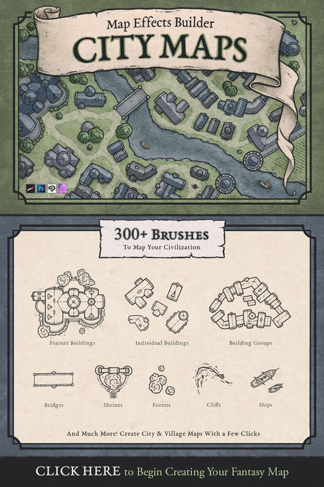 Have you ever wanted to create a classic hand drawn map of a city, town, or village but you aren’t very confident about your drawing skills? With The City Map Builder you can easily create a hand-drawn map for your civilization in the fraction of the time. With hundreds of hand-drawn features, paper textures, a print-ready border, and several free bonus fonts, you have everything you need to take the map in your mind and bring it to life on the page. #rpg #dnd #procreate #photoshop Procreate Map Drawing, Dnd Town Map, Fantasy City Maps, Dnd Landscape, Draw Map, Map Effects, Town Layout, Book Maps, Fantasy City Map