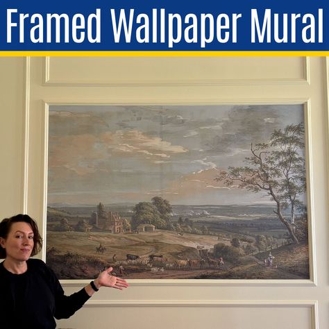 Wallpaper As Artwork, Framed Mural Wall Art, Box Molding With Wallpaper, Framed Wall Mural Ideas, Mural Over Fireplace, Framed Wallpaper Mural Diy, Wall Mural Framed, Wainscoting Mural, Framed Mural Wallpaper