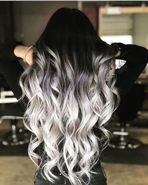 ombre-curly-hair-black-to-platinum-blonde-black-blouse-long-curly-hair Skater Hair, Fall Brunette, Brunette Medium, Cute Hair Colors, Ombre Hair Blonde, Brunette Color, Beautiful Hair Color, Grey Ombre, Hair Color Purple