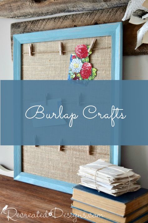 A collection of diy craft projects and home decor using burlap by Recreated Designs Burlap Sewing Projects For Kids, Burlap Wall Michaels Stores, Stretched Burlap Canvas Ideas, Burlap Photo Frame, Framed Burlap Sack, Burlap Wall Decor, Burlap Wall, Shabby Chic Christmas, Burlap Crafts