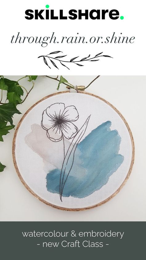 get your first two weeks of skillshare free! // learn how to paint with watercolour on fabric to create abstract floral embroidered art // watercolor // watercolour // embroidery // line art // abstract line art // floral line art // learn embroidery // learn watercolour Watercolor With Embroidery, Embroidery Watercolor, Watercolour Embroidery, Watercolor Embroidery, Embroidery Line Art, Line Art Floral, Line Art Abstract, Floral Line Art, Watercolor Fabric