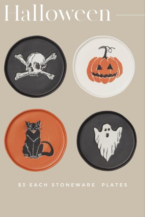 Our favorite Halloween tableware finds. These $3 Halloween themed stoneware appetizer plates are pretty rad! Halloween table | Halloween table setting | Halloween decor #HalloweenDecor #HalloweenHome #HalloweenTablesetting #HalloweenPlates #HalloweenTableware Follow my shop @K.RayCollective on the @shop.LTK app to shop this post and get my exclusive app-only content! #liketkit #LTKHalloween #LTKfindsunder50 #LTKhome @shop.ltk https://liketk.it/4jzen Painting Plates With Acrylic Paint, Boo Bash, Halloween Table Settings, Table Halloween, Halloween Plates, Halloween Dishes, Halloween Tableware, Spooky Party, Halloween Appetizers